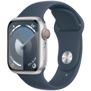 Apple Watch Series 9 GPS + Cell 41mm Silver Aluminum Case with Storm Blue Sport Band S/M