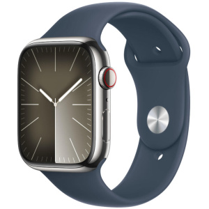 Apple Watch Series 9 GPS+Cell 45mm Silver Stainless Steel Case with Storm Blue Sport Band w/ Blood Oxygen M/L Silver