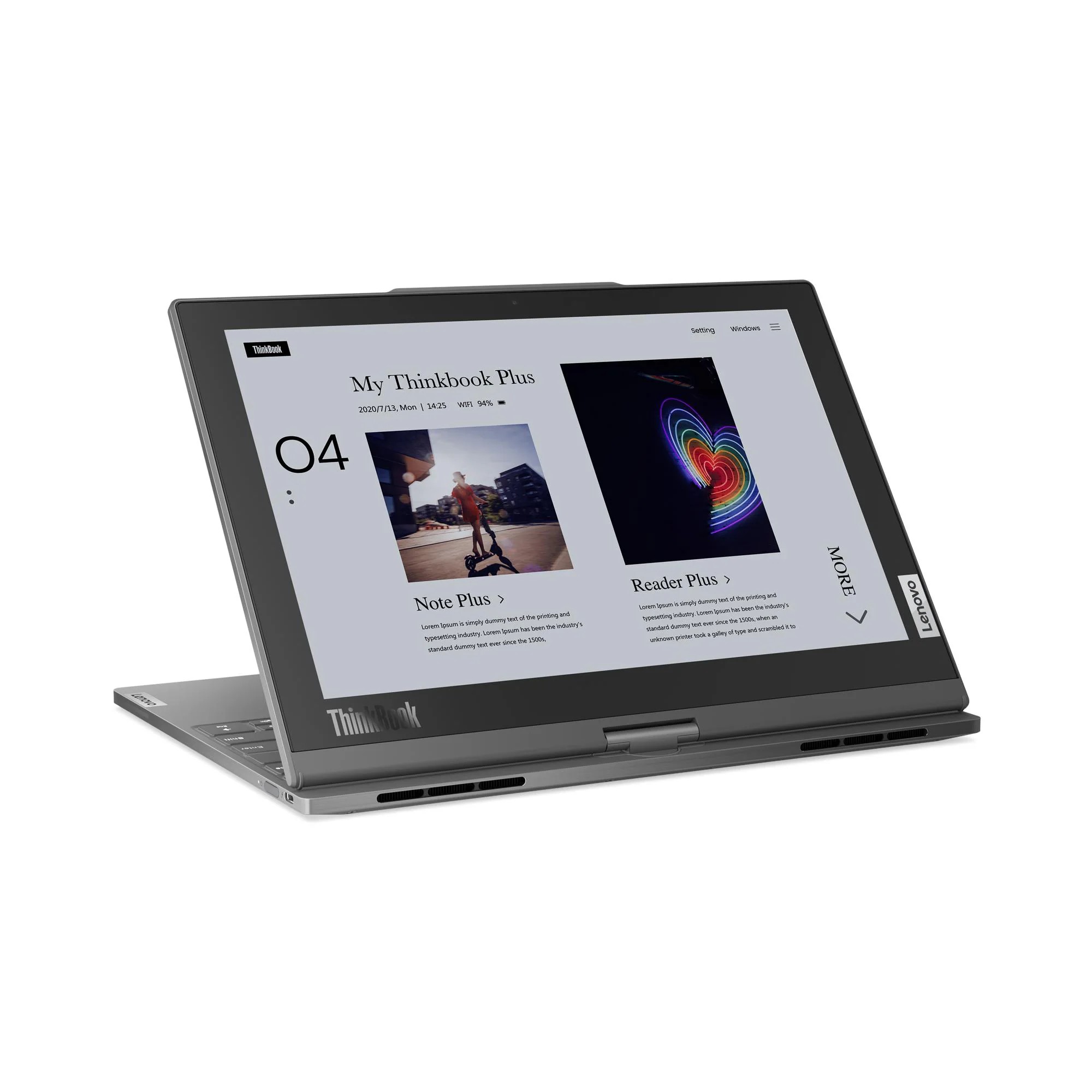 image מחשב נייד עם מסך כפול Lenovo ThinkBook Plus IRU Gen 4 DUAL SCREENS Core™ i5-1335U 512GB SSD 16GB 13.3" (2880x1800) OLED TOUCHSCREEN + 12" (2560x1600) TOUCHSCREEN WIN11 Pro STORM GRAY Backlit Keyboard FP Reader – תמונה 1